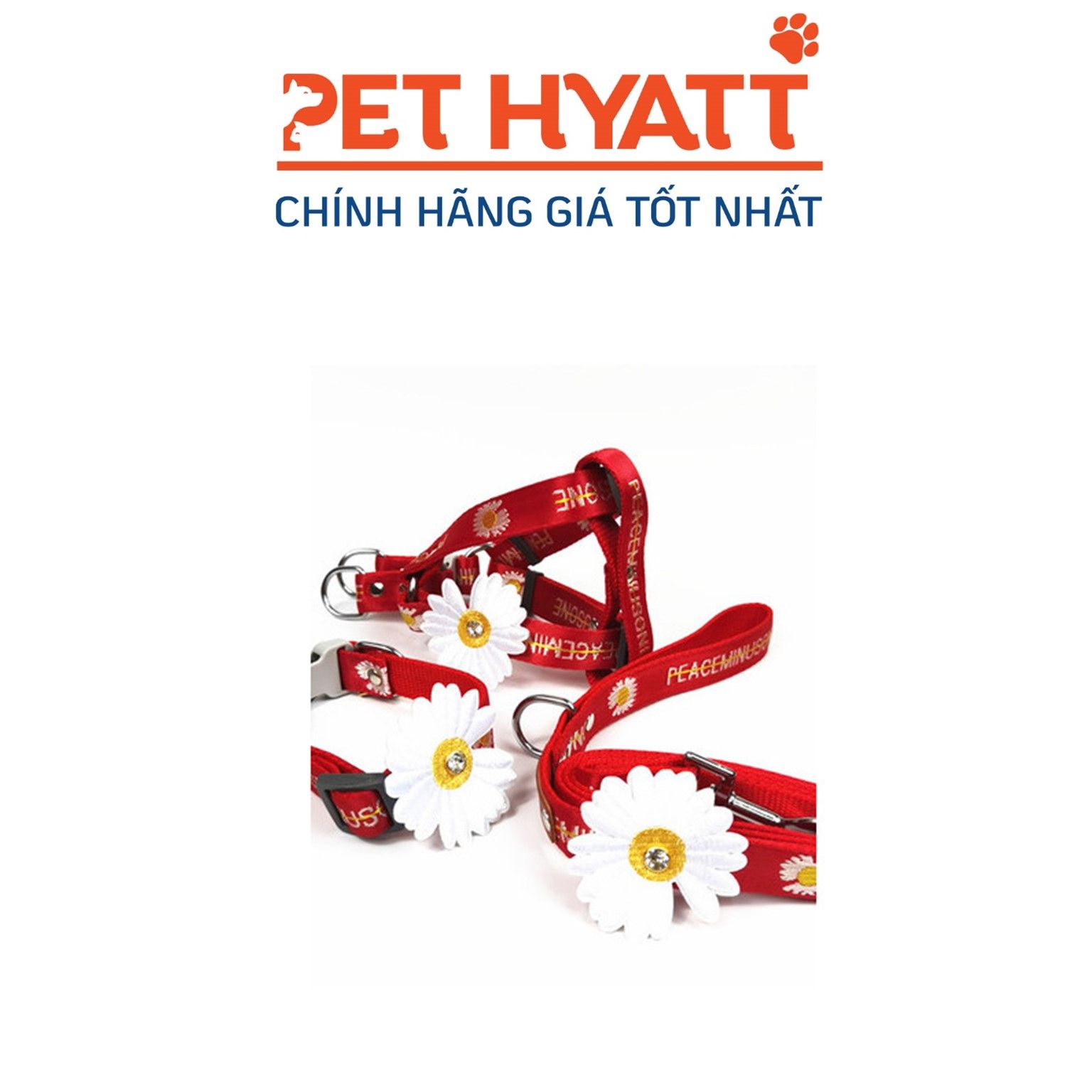 Dây Dắt Kèm Yếm & Vòng Cổ Đỏ Đính Hoa Cúc Cho Thú Cưng