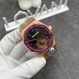 Đồng Hồ Audemars Piguet Royal Oak Tourbillon 26521OR Rep 1:1 Chế Tác Vỏ Vàng Khối 18K Niềng Bezel Đính Ruby Hồng Mặt Đen Dây Kim Loại