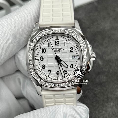 Đồng Hồ Patek Philippe Aquanaut 5067A-024 Rep 1:1 Chế Tác Vỏ Vàng Trắng 18K Niềng Bezel Độ Kim Cương Thiên Nhiên Mặt Trắng Dây Cao Su