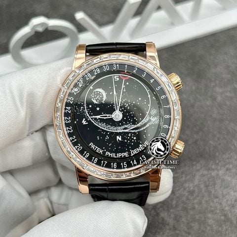 Đồng Hồ Patek Philippe Grand Complications 6104R-001 Rep 1:1 Chế Tác Vỏ Vàng Khối 18K Niềng Bezel Đính Kim Cương Thiên Nhiên Mặt Đen Dây Da