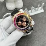 Đồng Hồ Rolex Cosmograph Daytona Rainbow 116595RBOW Rep 1:1 Chế Tác Vỏ Vàng Khối 18K Niềng Bezel Đính Ruby Cầu Vồng Mặt Đen Cọc Số Kim Cương Baguette Dây Cao Su