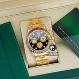 Đồng Hồ Rolex Cosmograph Daytona Rainbow 116598 RBOW Rep 1:1 Cao Cấp Vỏ Vàng Kim Niềng Bezel Đính Ruby Cầu Vồng Mặt Đen Dây Kim Loại