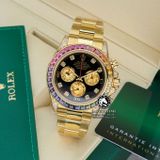 Đồng Hồ Rolex Cosmograph Daytona Rainbow 116598 RBOW Rep 1:1 Cao Cấp Vỏ Vàng Kim Niềng Bezel Đính Ruby Cầu Vồng Mặt Đen Dây Kim Loại
