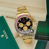 Đồng Hồ Rolex Cosmograph Daytona Rainbow 116598 RBOW Rep 1:1 Cao Cấp Vỏ Vàng Kim Niềng Bezel Đính Ruby Cầu Vồng Mặt Đen Dây Kim Loại