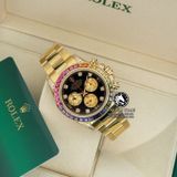 Đồng Hồ Rolex Cosmograph Daytona Rainbow 116598 RBOW Rep 1:1 Cao Cấp Vỏ Vàng Kim Niềng Bezel Đính Ruby Cầu Vồng Mặt Đen Dây Kim Loại