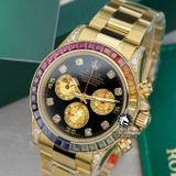 Đồng Hồ Rolex Cosmograph Daytona Rainbow 116598 RBOW Rep 1:1 Cao Cấp Vỏ Vàng Kim Niềng Bezel Đính Ruby Cầu Vồng Mặt Đen Dây Kim Loại
