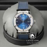 Đồng Hồ Hublot Classic Fusion 42mm Rep 1:1 Chế Tác Vỏ Bạc Niềng Đính Đá Mặt Số Xanh Dương Chải Tia 542.NX.7170.LR