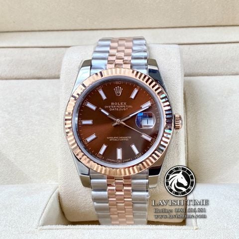 Đồng Hồ Rolex Datejust 41mm 126331-0002 Rep 1:1 Chế Tác Vỏ Demi Bọc Vàng Mặt Nâu Chocolate Cọc Số Vạch Dây Kim Loại Jubilee