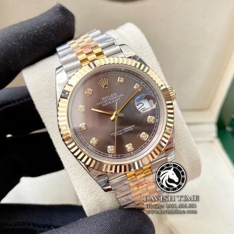 Đồng Hồ Rolex Datejust 41mm 126333 Rep 1:1 Chế Tác Vỏ Demi Bọc Vàng Mặt Xám Cọc Số Đính Đá Dây Kim Loại Jubilee