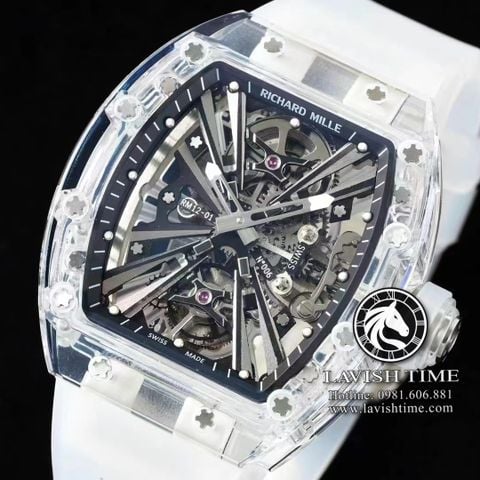 Đồng Hồ Richard Mille RM 12-01 Tourbillon Sapphire Rep 1:1 Chế Tác Vỏ Sapphire Mặt Skeleton Lộ Cơ Dây Cao Su