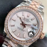 Đồng Hồ Rolex Datejust 28mm 279381RBR Rep 1:1 Chế Tác Vỏ Vàng Hồng Niềng Bezel Đính Đá Mặt Hồng Cọc Số Vạch Dây Kim Loại