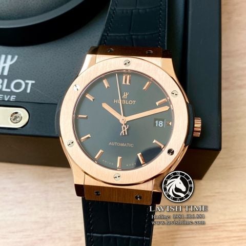 Đồng Hồ Hublot Classic Fusion 45mm Rep 1:1 Chế Tác Vỏ Vàng Hồng Mặt Số Đen Dây Da 511.OX.1181.LR