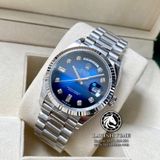 Đồng Hồ Rolex Day-Date 36mm 128239-0023 Rep 1:1 Cao Cấp Vỏ Bạc Mặt Xanh Dương Cọc Số Đá Dây Kim Loại
