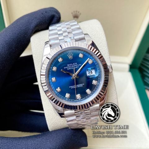 Đồng Hồ Rolex Datejust 41mm Rep 1:1 Chế Tác Vỏ Bạc Mặt Xanh Độ Cọc Số Kim Cương Thiên Nhiên Dây Kim Loại Jubilee