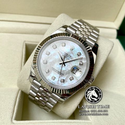 Đồng Hồ Rolex Datejust 41mm 126334 Rep 1:1 Chế Tác Vỏ Bạc Mặt Số Độ Xà Cừ Vân Mây Cọc Số Kim Cương Thiên Nhiên Dây Kim Loại Jubilee