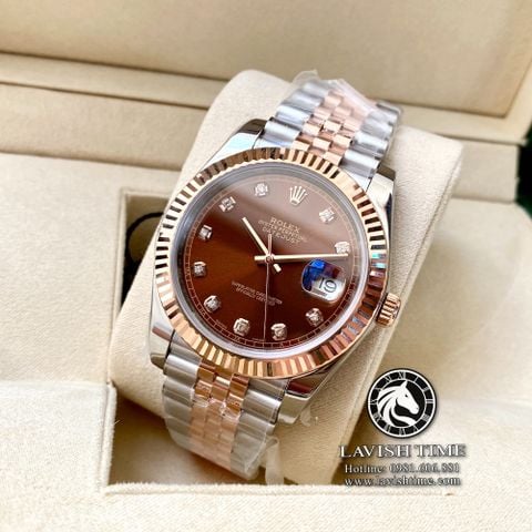 Đồng Hồ Rolex Datejust 41mm 126331-0004 Rep 1:1 Chế Tác Vỏ Demi Bọc Vàng Mặt Nâu Chocolate Cọc Số Đính Đá Dây Kim Loại Jubilee