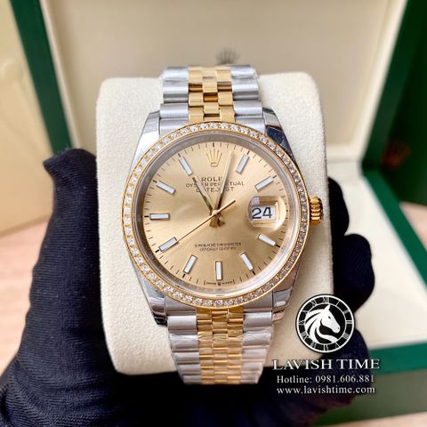 Đồng Hồ Rolex Datejust 36mm 126233-0015 Rep 1:1 Chế tác Vỏ Demi Vàng Kim Viền Bezel Độ Kim Cương Thiên Nhiên - Moissanite Mặt Vàng Champagne Cọc Số Vạch Dây Kim Loại Jubilee