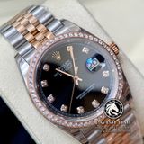 Đồng Hồ Rolex Datejust 36mm 126231-0019 Rep 1:1 Chế Tác Vỏ Demi Vàng Hồng Viền Bezel Độ Kim Cương Thiên Nhiên - Moissanite Mặt Đen Cọc Số Đính Đá Dây Kim loại Jubilee