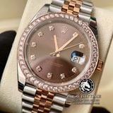 Đồng Hồ Rolex Datejust 41mm 126331 Rep 1:1 Chế Tác Vỏ Demi Vàng Hồng Niềng Bezel Độ Kim Cương Thiên Nhiên Tùy Chọn Mặt Nâu Chocolate Cọc Số Đính Đá Dây Kim Loại Jubilee