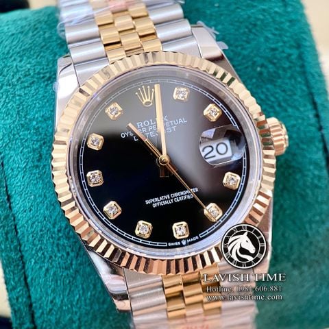 Đồng Hồ Rolex Datejust 36mm 126233-0021 Rep 1:1 Chế Tác Vỏ Bọc Vàng Mặt Đen Cọc Số Đính Đá Dây Kim Loại Jubilee