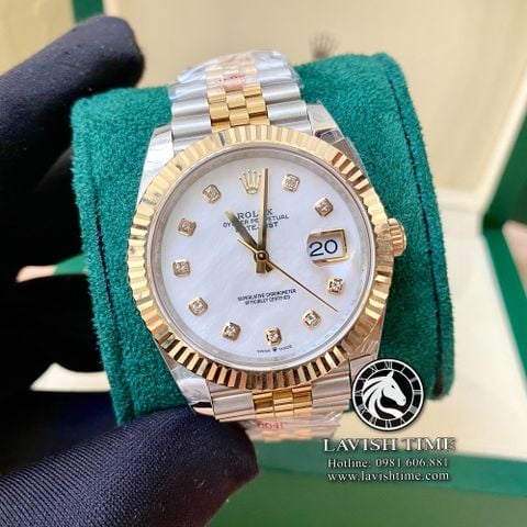 Đồng Hồ Rolex Datejust 41mm 126333-0018 Rep 1:1 Chế Tác Vỏ Demi Bọc Vàng Mặt Xà Cừ Trắng Cọc Số Đính Đá Dây Kim Loại Jubilee