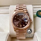 Đồng Hồ Rolex Day-Date 36mm 128235 Rep 1:1 Cao Cấp Vỏ Vàng Hồng Mặt Nâu Chocolate Cọc Số Đá Dây Kim Loại