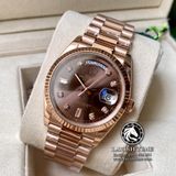 Đồng Hồ Rolex Day-Date 36mm 128235 Rep 1:1 Cao Cấp Vỏ Vàng Hồng Mặt Nâu Chocolate Cọc Số Đá Dây Kim Loại