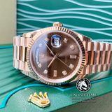 Đồng Hồ Rolex Day-Date 36mm 128235 Rep 1:1 Cao Cấp Vỏ Vàng Hồng Mặt Nâu Chocolate Cọc Số Đá Dây Kim Loại