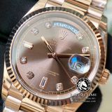 Đồng Hồ Rolex Day-Date 36mm 128235 Rep 1:1 Cao Cấp Vỏ Vàng Hồng Mặt Nâu Chocolate Cọc Số Đá Dây Kim Loại
