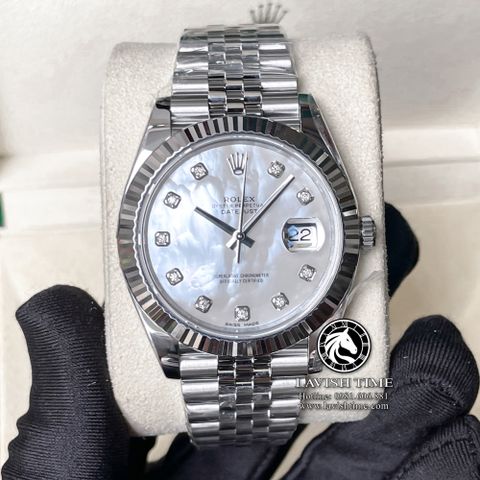 Đồng Hồ Rolex Datejust 41mm 126334 Rep 1:1 Chế Tác Vỏ Bạc Mặt Số Độ Xà Cừ Vân Mây Cọc Số Kim Cương Thiên Nhiên Dây Kim Loại Jubilee