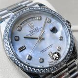 Đồng Hồ Rolex Day-Date 36mm 128349RBR-0004 Rep 1:1 Cao Cấp Vỏ Bạc Mặt Xà Cừ Trắng Niềng Bezel Đính Đá Dây Kim Loại