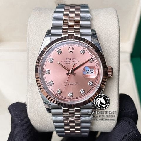 Đồng Hồ Rolex Datejust 36mm 126231 Rep 1:1 Cao Cấp Vỏ Demi Vàng Hồng Mặt Hồng Cọc Số Đính Đá Dây Kim Loại Jubilee