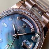 Đồng Hồ Rolex Day-Date 36mm 118235 Rep 1:1 Cao Cấp Vỏ Vàng Hồng Niềng Bezel Đính Đá Mặt Xà Cừ Tím Cọc Số Đính Đá Dây Kim Loại