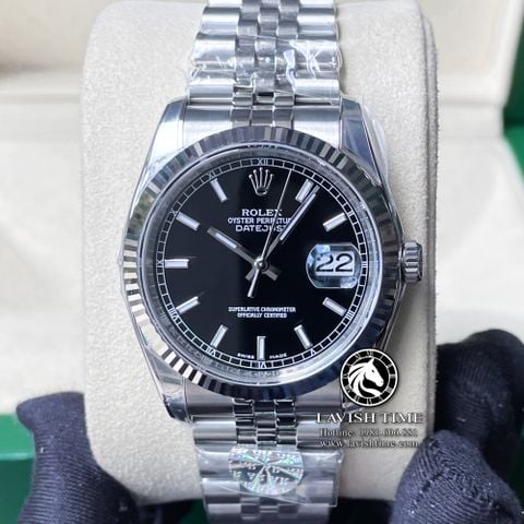 Đồng Hồ Rolex Datejust 36mm 116234-0085 Rep 1:1 Chế Tác Vỏ Bạc Mặt Đen Cọc Số Vạch Dây Kim Loại Jubilee