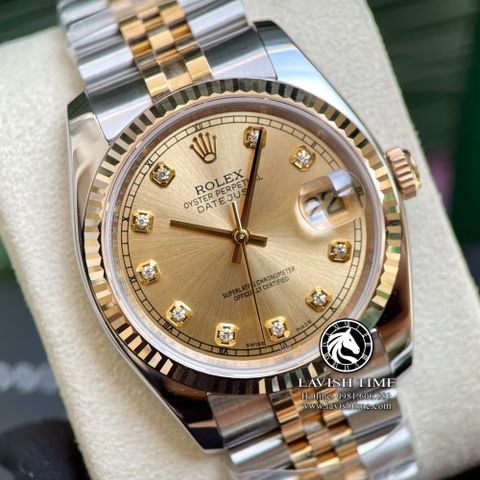 Đồng Hồ Rolex Datejust 36mm 116233 Rep 1:1 Chế Tác Vỏ Demi Bọc Vàng Mặt Vàng Cọc Số Đính Đá Dây Kim Loại Jubilee