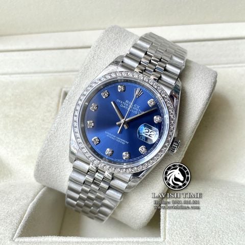 Đồng Hồ Rolex Datejust 36mm  126234-0037 Rep 1:1 Chế Tác Vỏ Bạc Viền Bezel Độ Kim Cương Thiên Nhiên - Moissanite Mặt Xanh Dương Cọc Số Đính Đá Dây Kim Loại Jubilee