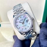Đồng Hồ Rolex Datejust 36mm 126284MDJ Rep 1:1 Cao Cấp Vỏ Bạc Niềng Bezel Đính Đá Mặt Xà Cừ Trắng Cọc Số Đính Đá Dây Kim Loại Jubilee