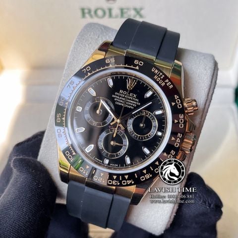 Đồng Hồ Rolex Cosmograph Daytona 116518LN-0043 Rep 1:1 Cao Cấp Vỏ Vàng Kim Mặt Đen Dây Cao Su