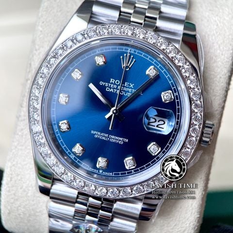 Đồng Hồ Rolex Datejust 41mm 126334 Rep 1:1 Chế Tác Vỏ Bạc Mặt Xanh Niềng Bezel Và Cọc Số Độ Kim Cương Thiên Nhiên Dây Kim Loại Jubilee