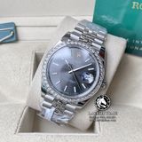 Đồng Hồ Rolex Datejust 41mm 126334 Rep 1:1 Chế Tác Vỏ Bạc Viền Bezel Độ Kim Cương Thiên Nhiên - Moissanite Mặt Xám Cọc Số Vạch Dây Kim loại Jubilee