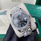 Đồng Hồ Rolex Datejust 41mm 126334 Rep 1:1 Chế Tác Vỏ Bạc Viền Bezel Độ Kim Cương Thiên Nhiên - Moissanite Mặt Xám Cọc Số Vạch Dây Kim loại Jubilee