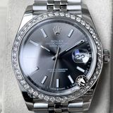 Đồng Hồ Rolex Datejust 41mm 126334 Rep 1:1 Chế Tác Vỏ Bạc Viền Bezel Độ Kim Cương Thiên Nhiên - Moissanite Mặt Xám Cọc Số Vạch Dây Kim loại Jubilee