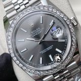 Đồng Hồ Rolex Datejust 41mm 126334 Rep 1:1 Chế Tác Vỏ Bạc Viền Bezel Độ Kim Cương Thiên Nhiên - Moissanite Mặt Xám Cọc Số Vạch Dây Kim loại Jubilee