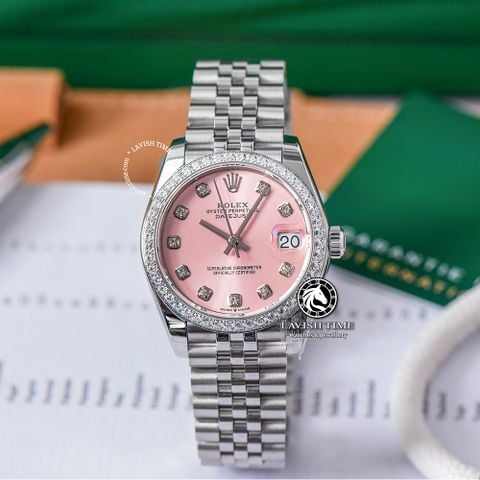 Đồng Hồ Rolex Datejust 31mm m278384rbr-0036 Rep 1:1 Chế Tác Mặt Hồng Niềng Đá Dây Thép Jubilee 5 mắt