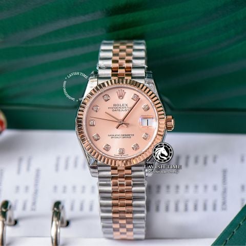 Đồng Hồ Rolex Datejust 31mm m278271-0024 Rep 1:1 Chế Tác Mặt Hoa Hồng Niềng Khía Dây Demi Vàng Hồng Jubilee 5 mắt