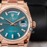 Đồng Hồ Rolex Day-Date 36mm 128235-0085 Rep 1:1 Chế Tác Mặt Số Xanh Lục Lam Cọc Số Đính Đá Baguette Vàng Hồng Khối Lượng 160 Gram