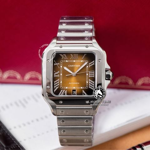 Đồng Hồ Cartier Santos De Cartier 40mm WSSA0064 Rep 1:1 Chế Tác Vỏ Bạc Mặt Nâu Dây Kim Loại