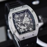 Đồng Hồ Richard Mille RM 010 Rep 1:1 Chế Tác Vỏ Bạc Đính Đá Mặt Skeleton Lộ Cơ Dây Cao Su