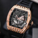 Đồng Hồ Richard Mille RM 023 Rep 1:1 Chế Tác Vỏ Vàng Hồng Đính Đá Mặt Skeleton Lộ Cơ Dây Cao Su