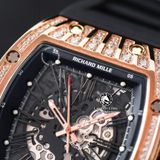 Đồng Hồ Richard Mille RM 023 Rep 1:1 Chế Tác Vỏ Vàng Hồng Đính Đá Mặt Skeleton Lộ Cơ Dây Cao Su